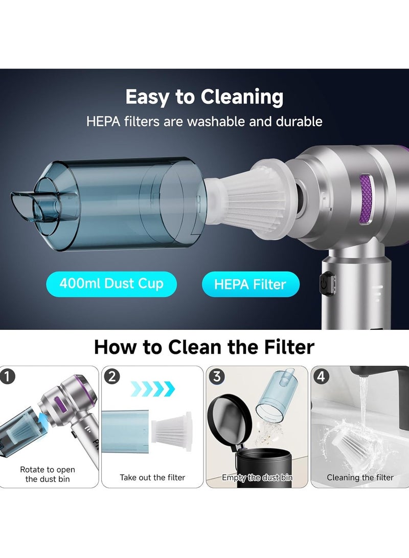 آسي بلاي مكنسة كهربائية محمولة بدون سلك، شفط قوي 16kPa مكنسة سيارات بمحرك بدون فرش، منفاخ ونافخ هواء 4 في 1، مصباح LED، شحن سريع من نوع C، مكنسة صغيرة محمولة للمنزل والحيوانات الأليفة - Image 5