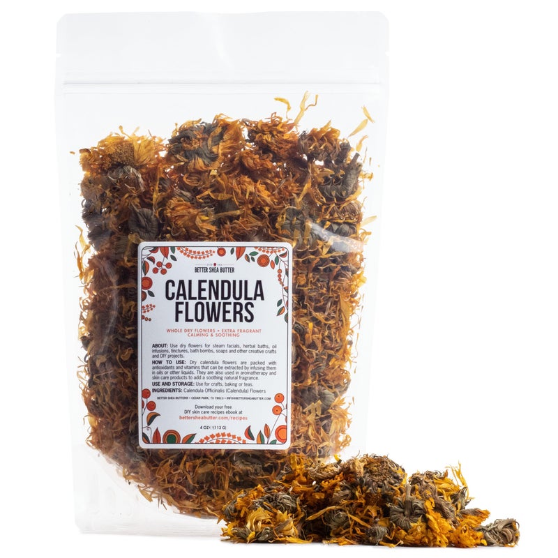 Better Shea Butter Dried Calendula Flowers - Edible Dried Marigold Flowers for Soap Making, Calendula Tea, Herb Infusions and Tinctures - Dried Flowers for Bath Salts - Calendula Officinalis 4 oz - Image 1