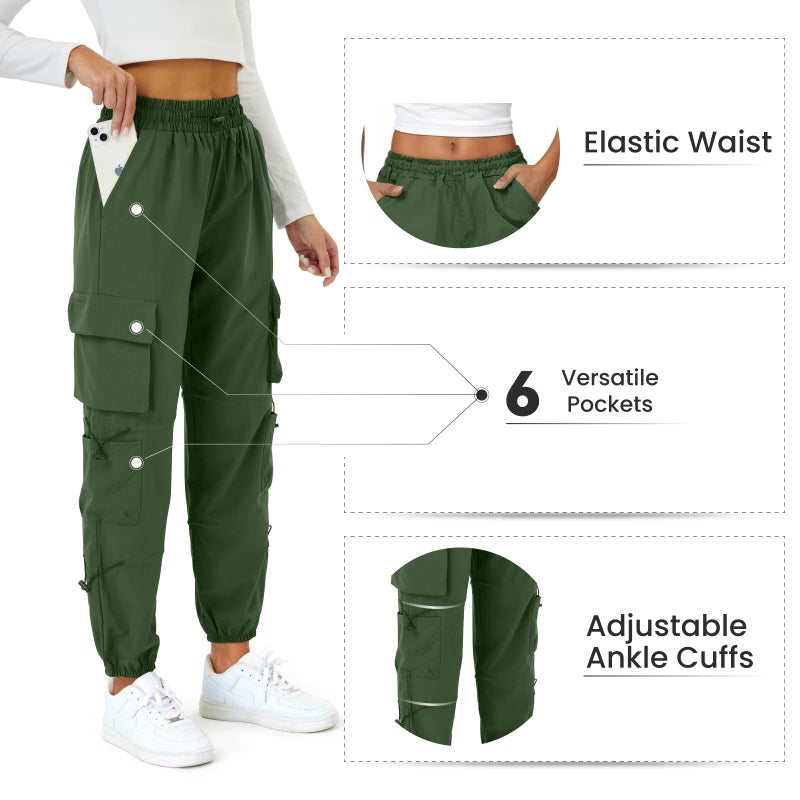 COPYLEAF Womens Parachute Cargo Pants with Pockets Quick Dry Hiking Pants Lightweight Water-Resistant Baggy Joggers(Army Green XL) - Image 5