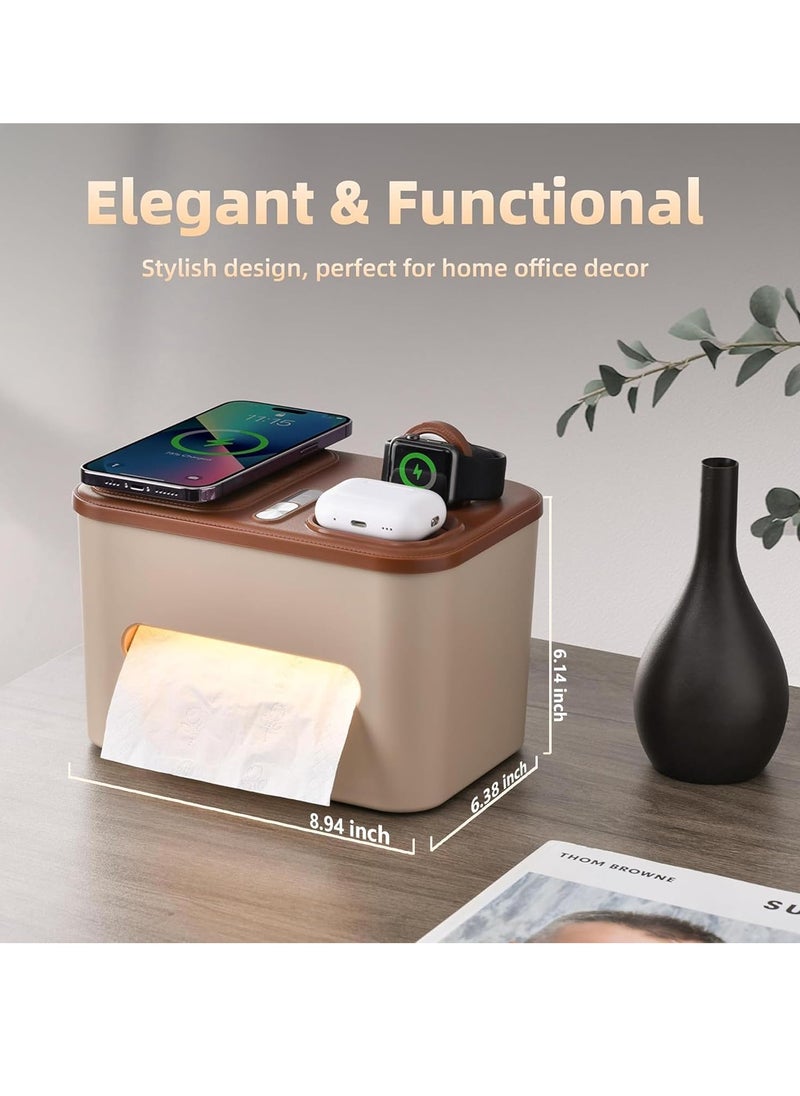 BlueFire 3-in-1 Wireless Charging Tissue Box with Smart Night Light & USB/Type-C Port – 10W Fast Qi Charger for iPhone, Samsung, AirPods, Smartwatch | Modern Home & Office Decor | Auto-Sensor Bedside Lamp, Overcharge Protection  - Image 2