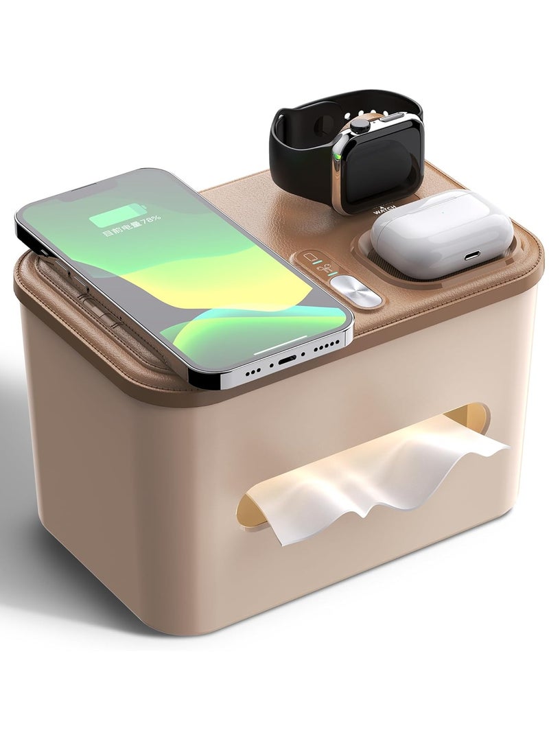 BlueFire 3-in-1 Wireless Charging Tissue Box with Smart Night Light & USB/Type-C Port – 10W Fast Qi Charger for iPhone, Samsung, AirPods, Smartwatch | Modern Home & Office Decor | Auto-Sensor Bedside Lamp, Overcharge Protection  - Image 1