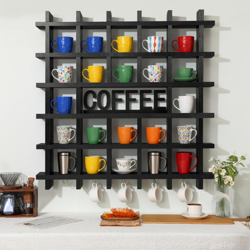 Suzile Oversize Coffee Mug Display Rack Wood Mug Display Shelf With Hooks Coffee Sign Decor up to 32 mugs for Kitchen Station Bar Living Room AccessoriesBlack - Image 2
