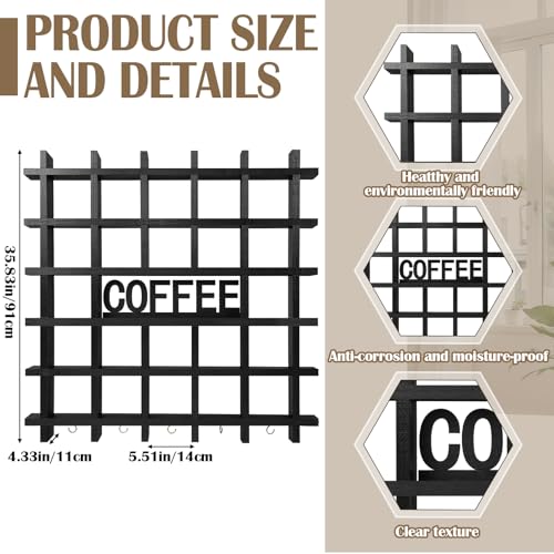 Suzile Oversize Coffee Mug Display Rack Wood Mug Display Shelf With Hooks Coffee Sign Decor up to 32 mugs for Kitchen Station Bar Living Room AccessoriesBlack - Image 3