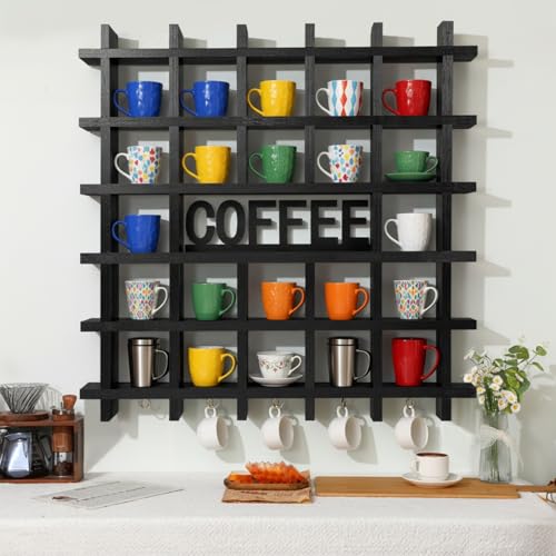 Suzile Oversize Coffee Mug Display Rack Wood Mug Display Shelf With Hooks Coffee Sign Decor up to 32 mugs for Kitchen Station Bar Living Room AccessoriesBlack - Image 1