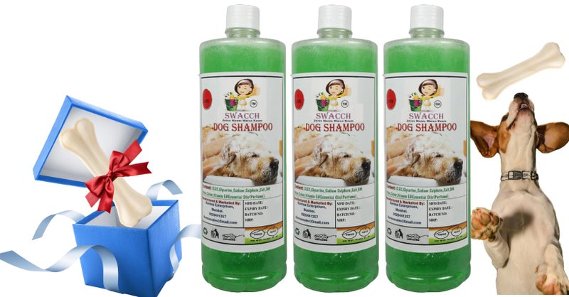 swacch Shampoo | Puppy Safe Shampoo| Dog Shampoo (1 Litre) (Pack of 3) Neem Alovera + Large White Bone |Dog Chew Bones |Teething chew Toy|Dental Teething |Combo Pack - Image 1