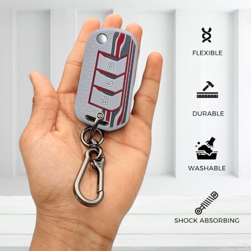 KEYCEPT Tristar Silicone Key Cover for Mahindra Scorpio N, 3XO, XUV 300, Marazzo, XUV 700, XUV 400, Bolero, Thar Roxx, TUV 300, EV 3 Button Flip Key Cover with Keychain. (Keychain 1, Grey) - Image 5