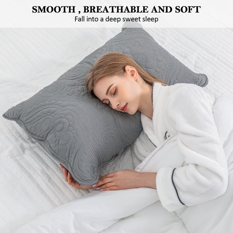 Bosowos مبطن وسادة shams مجموعة من 2 زخرفية microfiber Queen الحجم وسادة السرير وسادة ناعم التنفس الأغطية مع إغلاق المظروف (رمادي 20 × 30 بوصة) - Image 2