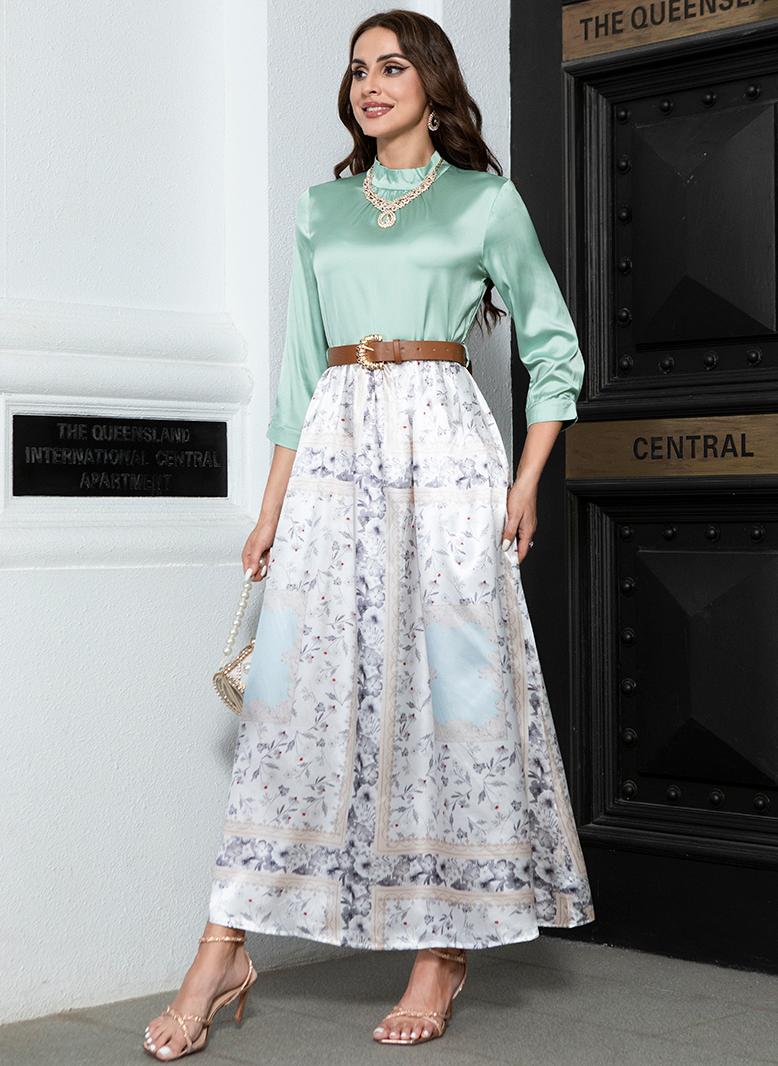 فرايديين انيق طوق عالي زهري تباين اللون حزام كم القميص فساتين طويلة اخضر نعنعي - Image 1