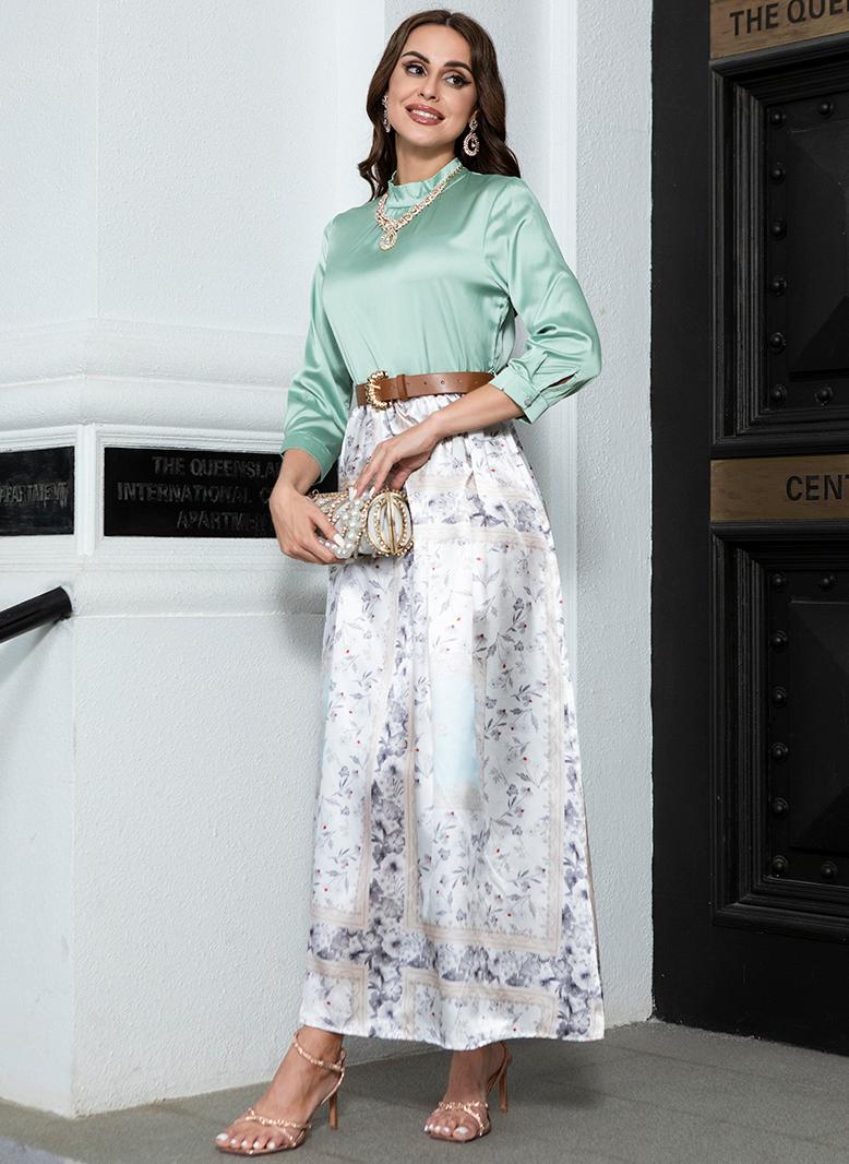 فرايديين انيق طوق عالي زهري تباين اللون حزام كم القميص فساتين طويلة اخضر نعنعي - Image 4