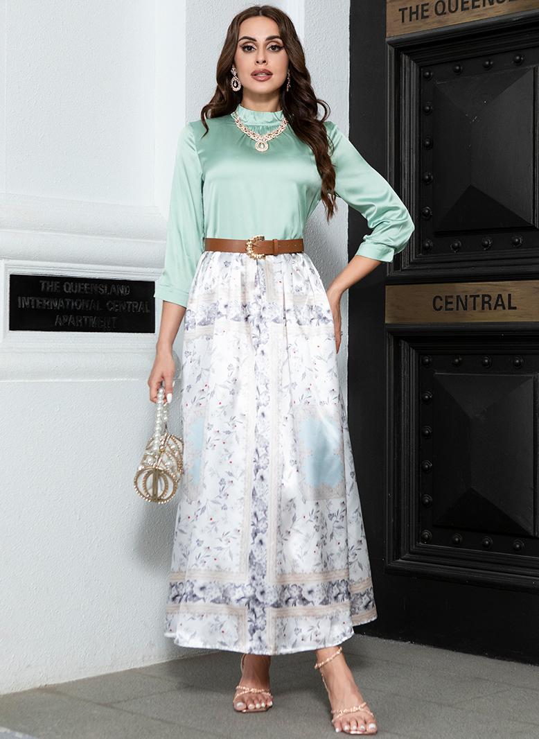 فرايديين انيق طوق عالي زهري تباين اللون حزام كم القميص فساتين طويلة اخضر نعنعي - Image 5