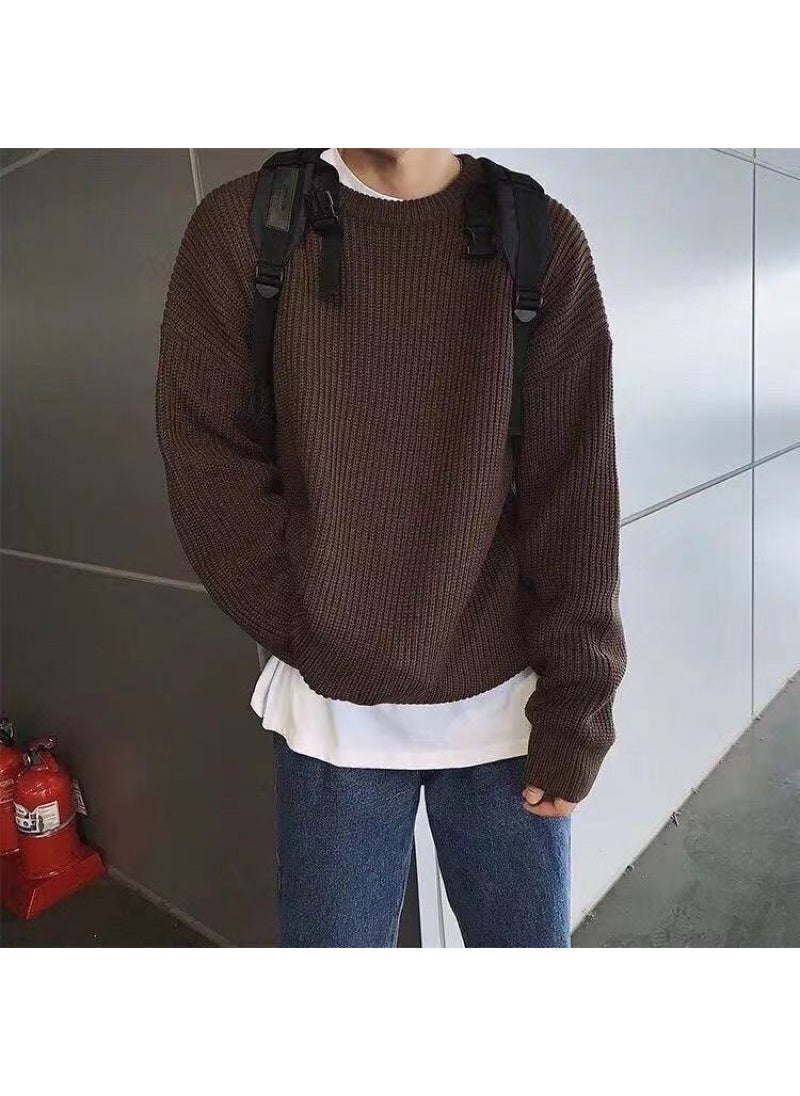Generic Mens Round Neck Sweater Thickened Winter Knit Trendy Korean Style Loose-Fit Pullover Hong Kong Fashion Base Layer Brown (high quality) 