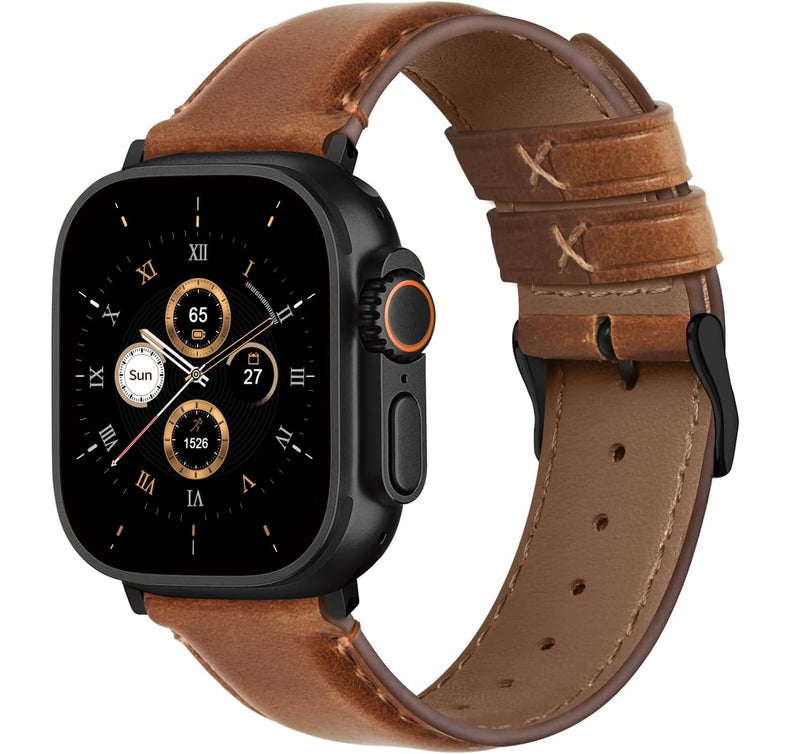 Fullmosa Real Leather Bands Compatible with Apple Watch Strap 42mm 44mm 45mm 49mm, Apple Watch Band for iWatch Ultra 2/Ultra Series 9/8/7/6/5/4/3/2/1/SE/SE2,Brown+Black Buckle[Watch NOT Included] - Image 1