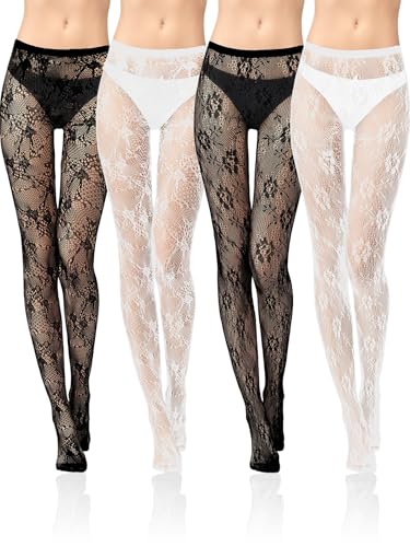 BOARDFEB 4 Pairs Tights Fishnet Stockings Floral Pantyhose Stockings Leggings Lace Tights for Women Girls Halloween - Image 1