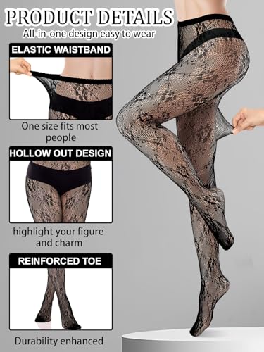 BOARDFEB 4 Pairs Tights Fishnet Stockings Floral Pantyhose Stockings Leggings Lace Tights for Women Girls Halloween - Image 3
