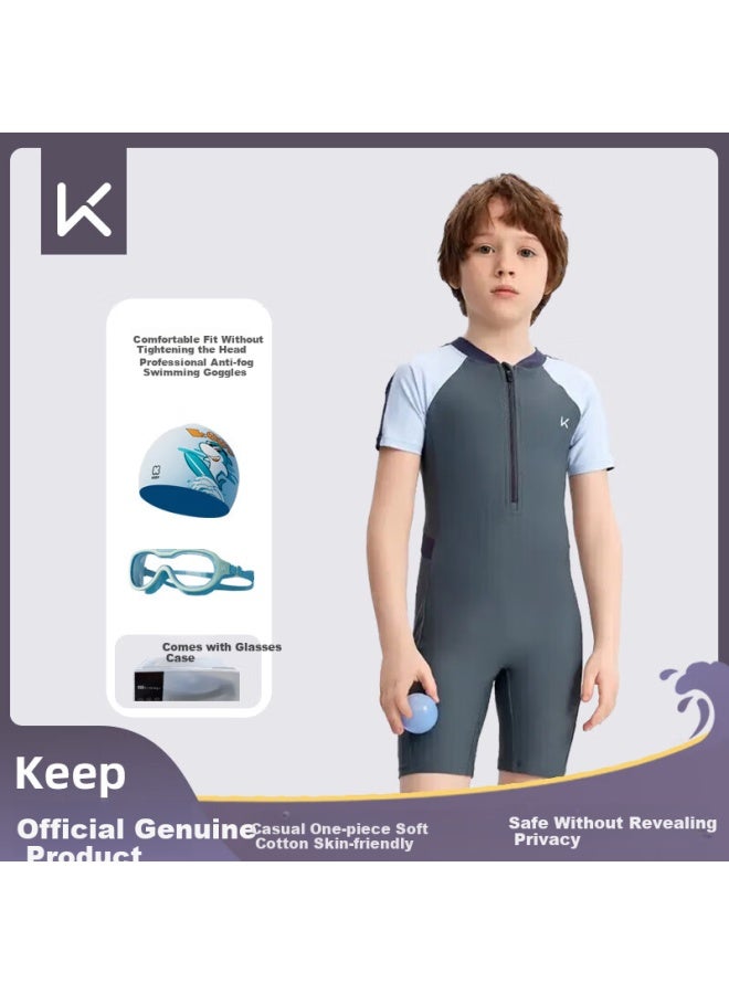 Keep Boys' One-piece Professional Training Quick-dry Sun Protection Swimsuit Set Flash Gray Green 130 - Image 2