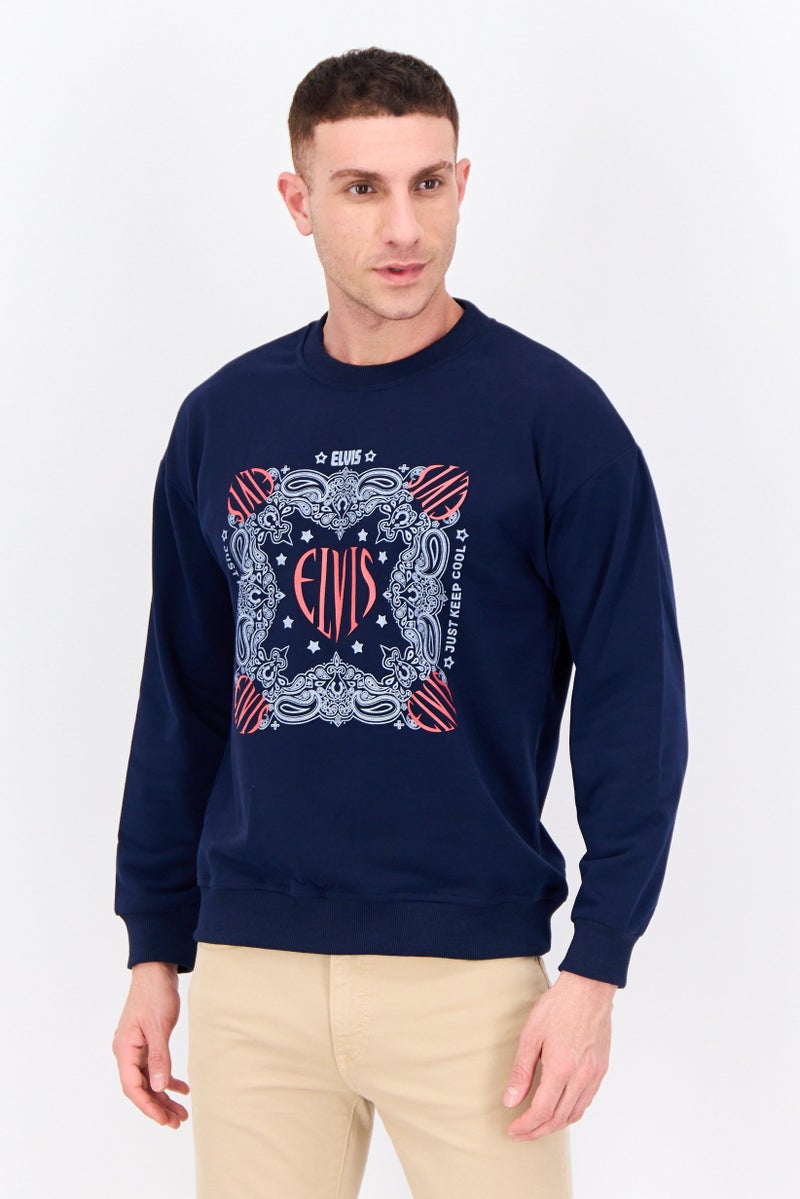 ELVIS Men Crew Neck Long Sleeves Graphic Printed Sweatshirt, Navy - Image 1