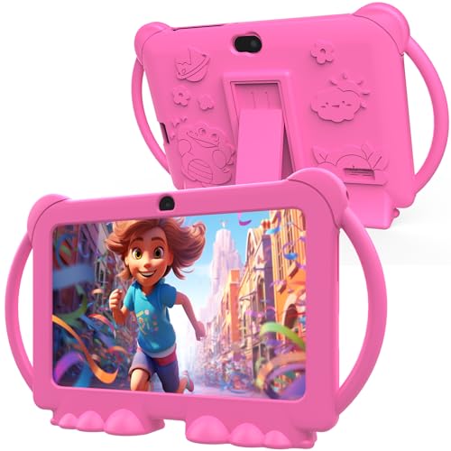 PEICHENG Kids Tablet 7 inch Android 12.0 for Toddler, 4GB RAM 32GB ROM Bluetooth IPS Screen Parental Control Dual Camera Shockproof Case for Educational Games, (Rose Red) - Image 1