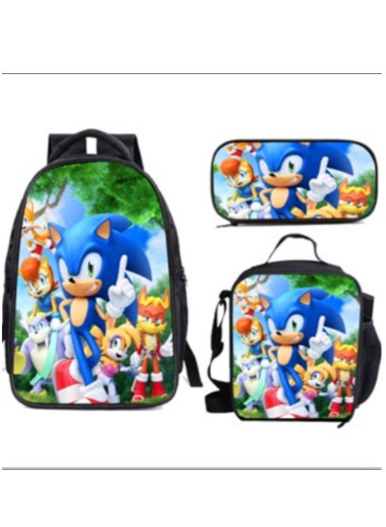 Sonic student large capacity backpack three piece set, anime cartoon backpack, shoulder bag pen bag