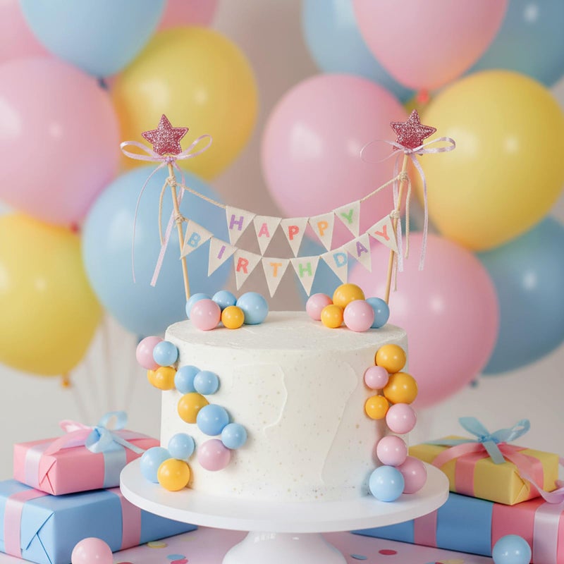 ForraFun 16 Pcs Happy Birthday Cake Topper Cake Bunting Topper Banner with Wood Pole Rainbow Garland with Bow Ribbon Balloon Cupcake Decor for Birthday Baby Shower (Pink,Blue,Yellow) - Image 3