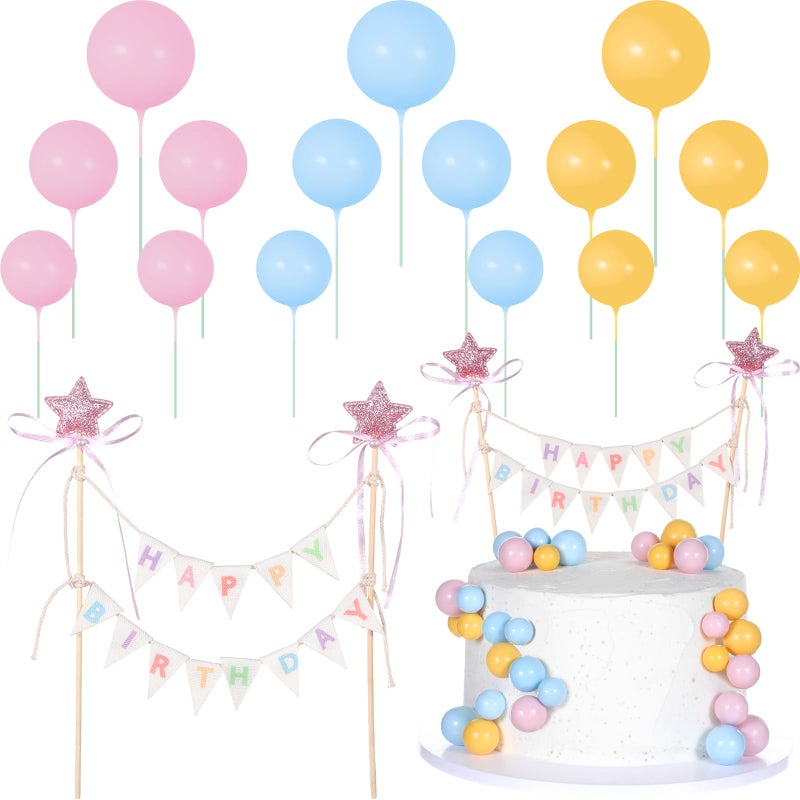 ForraFun 16 Pcs Happy Birthday Cake Topper Cake Bunting Topper Banner with Wood Pole Rainbow Garland with Bow Ribbon Balloon Cupcake Decor for Birthday Baby Shower (Pink,Blue,Yellow) - Image 1