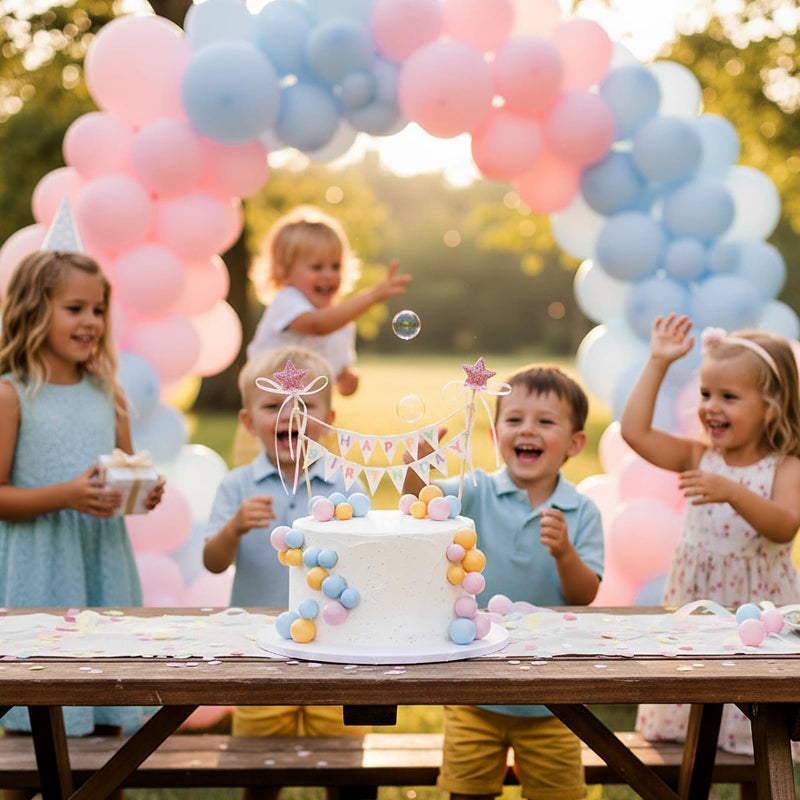 ForraFun 16 Pcs Happy Birthday Cake Topper Cake Bunting Topper Banner with Wood Pole Rainbow Garland with Bow Ribbon Balloon Cupcake Decor for Birthday Baby Shower (Pink,Blue,Yellow) - Image 4