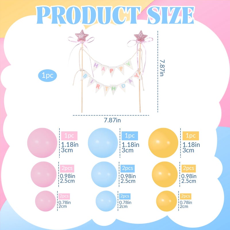 ForraFun 16 Pcs Happy Birthday Cake Topper Cake Bunting Topper Banner with Wood Pole Rainbow Garland with Bow Ribbon Balloon Cupcake Decor for Birthday Baby Shower (Pink,Blue,Yellow) - Image 2