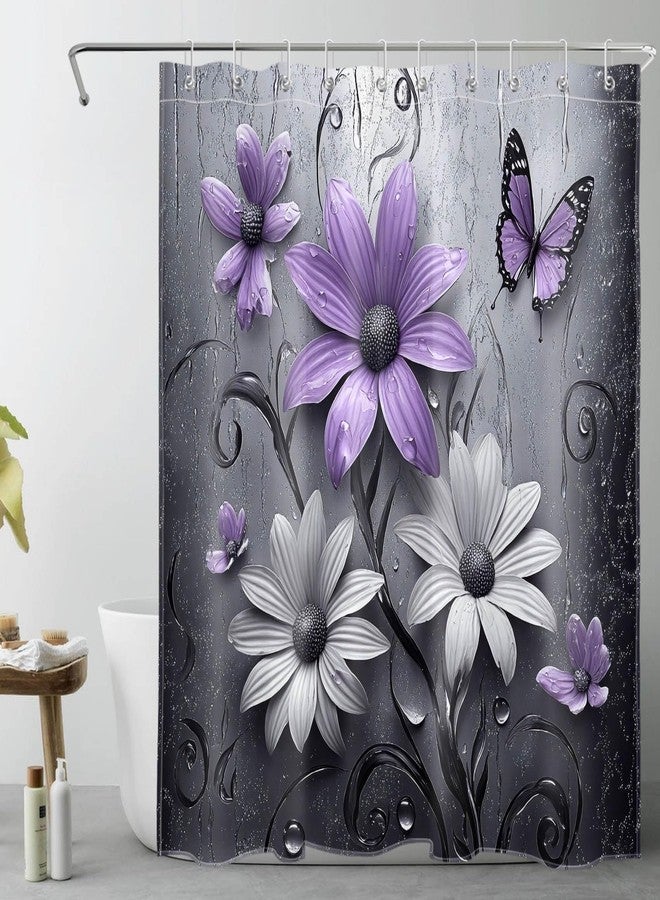 LB Purple Floral Shower Curtain for Bathroom, Plant Purple and Gray Abstract Flower and Nature Butterfly Fabric Shower Curtain with Hooks,Black and Grey Bathroom Curtain Shower Set, 60" W x 72" L - Image 1