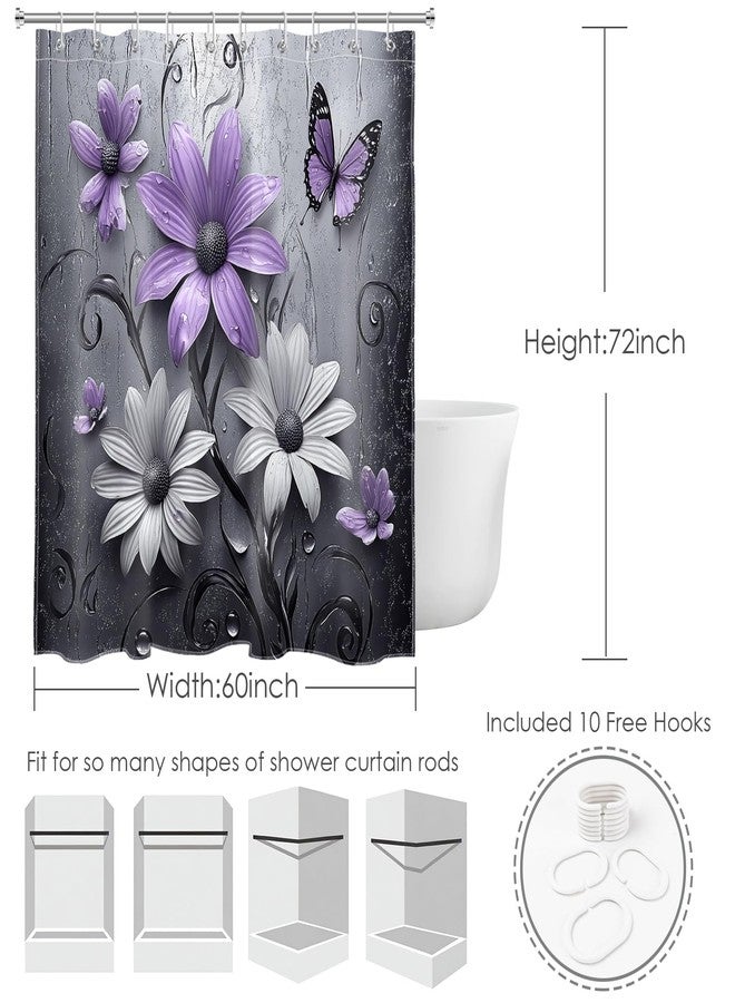 LB Purple Floral Shower Curtain for Bathroom, Plant Purple and Gray Abstract Flower and Nature Butterfly Fabric Shower Curtain with Hooks,Black and Grey Bathroom Curtain Shower Set, 60" W x 72" L - Image 4