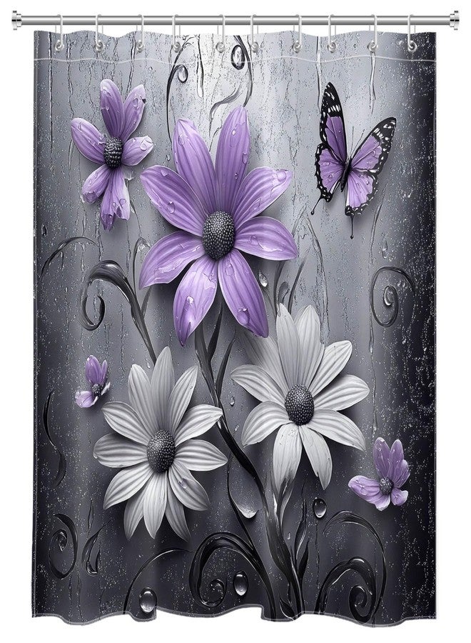 LB Purple Floral Shower Curtain for Bathroom, Plant Purple and Gray Abstract Flower and Nature Butterfly Fabric Shower Curtain with Hooks,Black and Grey Bathroom Curtain Shower Set, 60" W x 72" L - Image 2