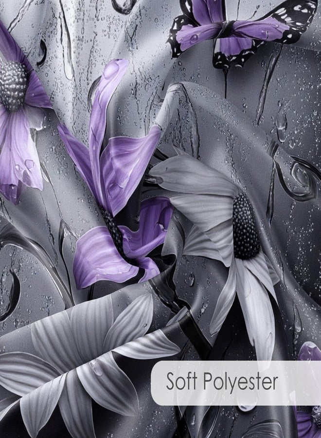 LB Purple Floral Shower Curtain for Bathroom, Plant Purple and Gray Abstract Flower and Nature Butterfly Fabric Shower Curtain with Hooks,Black and Grey Bathroom Curtain Shower Set, 60" W x 72" L - Image 5