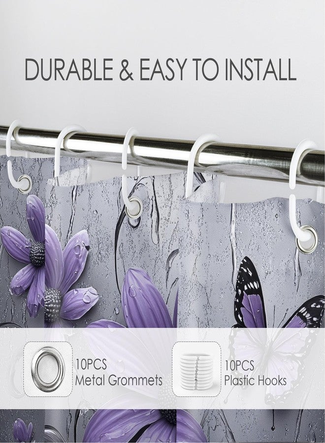 LB Purple Floral Shower Curtain for Bathroom, Plant Purple and Gray Abstract Flower and Nature Butterfly Fabric Shower Curtain with Hooks,Black and Grey Bathroom Curtain Shower Set, 60" W x 72" L - Image 3