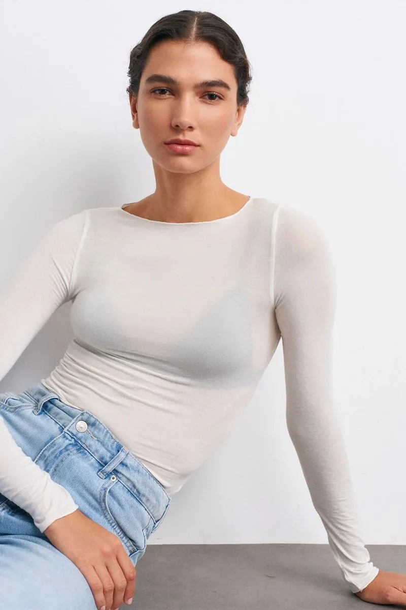 Dilvin White DILVIN Slim Fit Boat Neck Long Sleeve Knit Blouse for Women | Best Price UAE
