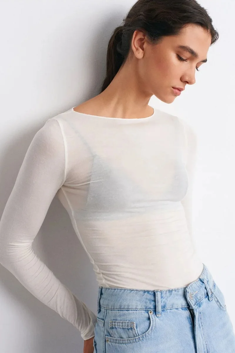 Dilvin White DILVIN Slim Fit Boat Neck Long Sleeve Knit Blouse for Women | Best Price UAE