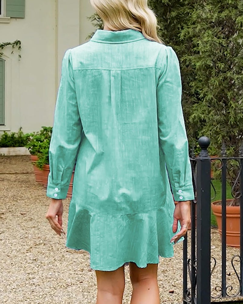 LifeShe Women's Tunic Mini Shirt Dress Cotton Long Sleeve Ruffle Hem Dress Button Up Shift Chambray Dresses - Image 2