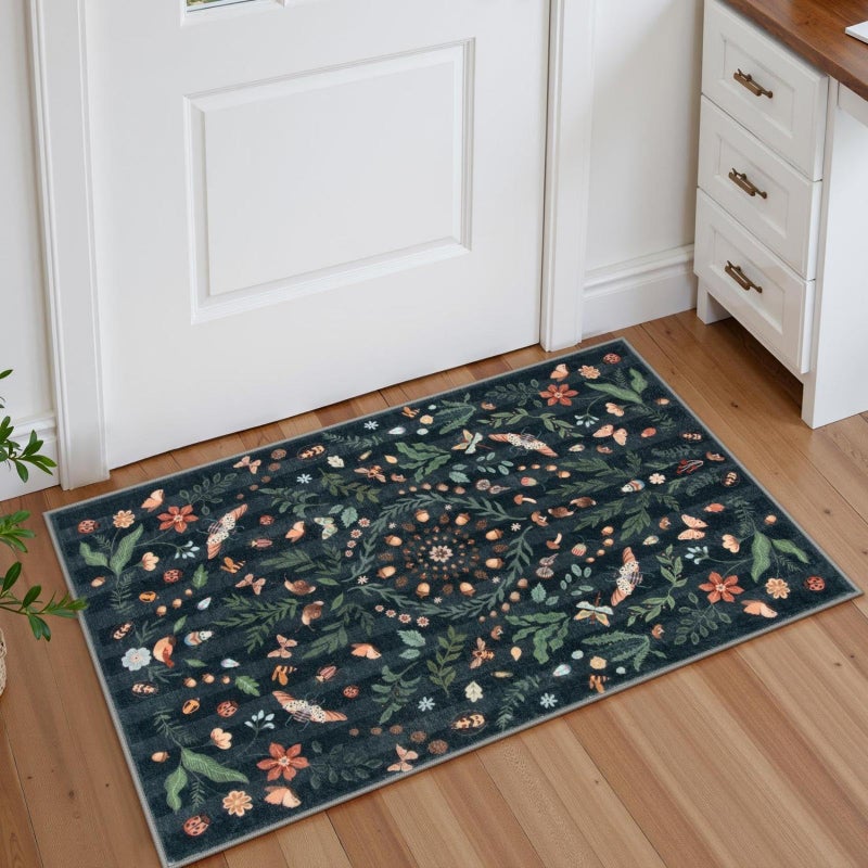 La Home Lahome Insect Botanical Floral 2x3 Small Kitchen Rugs for Entryway Black Door Mat Indoor EntranceWashable Boho Bathroom Area RugSoft NonSlip Indoor Carpet Throw Rugs for Entry LaundryBlack2x3 - Image 2