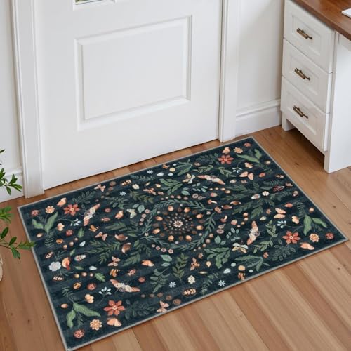 La Home Lahome Insect Botanical Floral 2x3 Small Kitchen Rugs for Entryway Black Door Mat Indoor EntranceWashable Boho Bathroom Area RugSoft NonSlip Indoor Carpet Throw Rugs for Entry LaundryBlack2x3 - Image 1