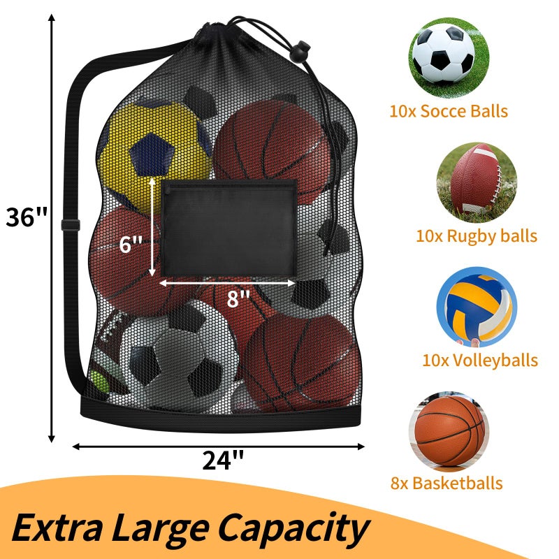 Hoiny Extra Large Mesh Ball Bag, Heavy Duty Drawstring Storage Bag, 24" x 36" Hold 8-10 Soccer Basketball Volleyball Football, Sports Equipment Sack Net Bags with Shoulder Strap and Pocket for Coaches - Image 2