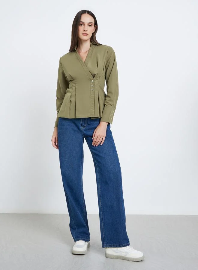 ستايلي Styli Women Green Pleated Wrap Shirt