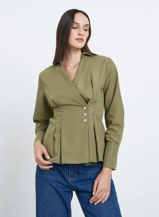 Styli Styli Women Green Pleated Wrap Shirt