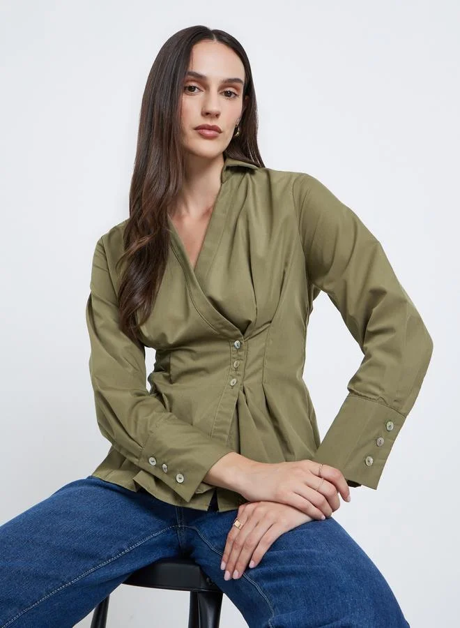 Styli Styli Women Green Pleated Wrap Shirt