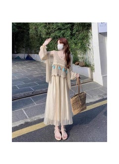 Womens Hollow out Tassel Strap Vest Long Sleeve Sun Protection Set Three Pieces Skirt Fresh Sweet Style Gathered Princess Sleeve Suspenders Sun-Protective Shirt Skirt