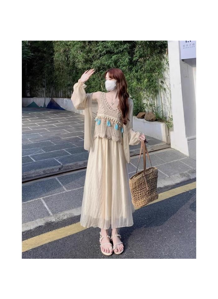 Generic - Womens Hollow out Tassel Strap Vest Long Sleeve Sun Protection Set Three Pieces Skirt Fresh Sweet Style Gathered Princess Sleeve Suspenders Sun-Protective Shirt Skirt - Image 1
