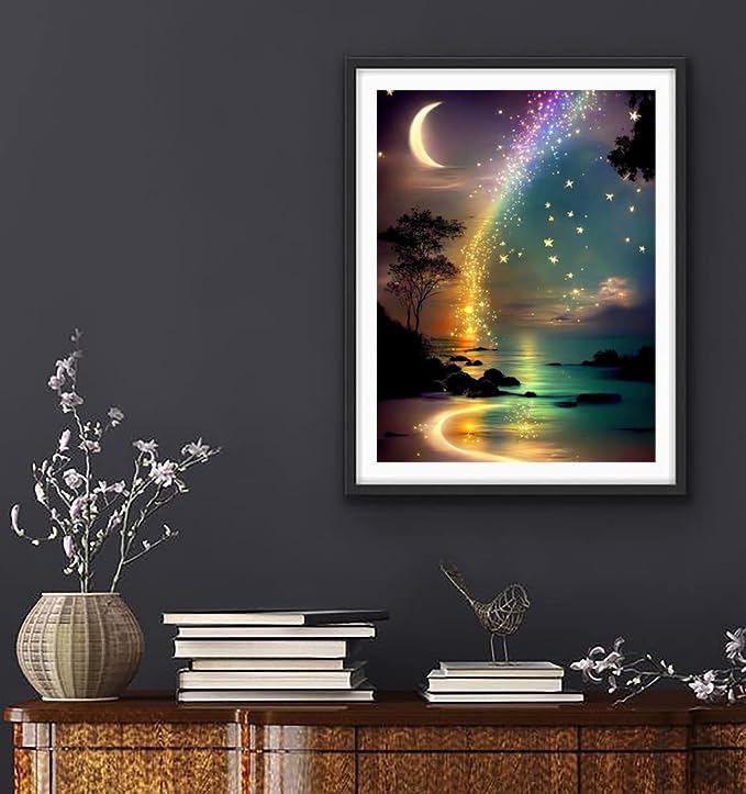Ekuxom Moon Diamond Art Painting Kits for Adults, Star Glow in The Dark Diamond Art Kits, Full Round Rainbow Diamond Art Dots Wall Art Decor 12x16 in - Image 3