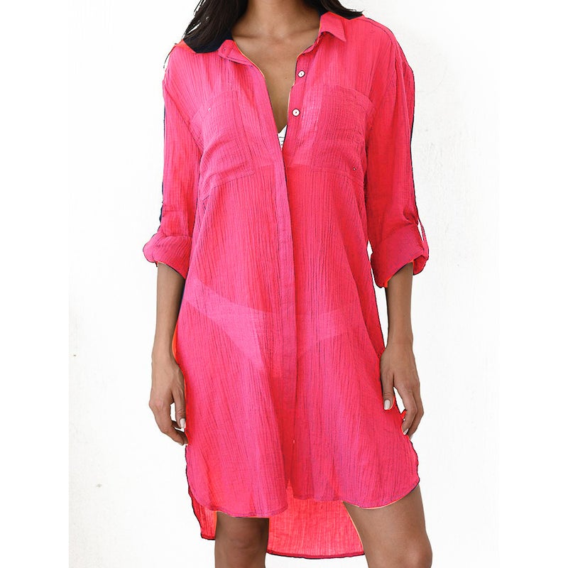 Generic Crinkle Fabric Pocket Cover-Up Bikini Shirt Red