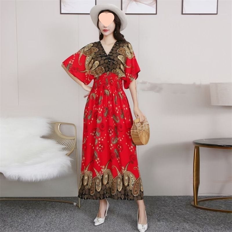 Cotton Silk Dress Mid-Length Beach Dress Cotton Silk Summer Fashion Large Size Floral Seaside Vacation Bohemian Long Dress Cashew red 33#