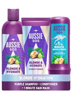Aussie Blonde Hydration Vegan Purple Shampoo Conditioner And 3 Minute Miracle Hair Mask Set Silver Toner Neutralises Yellow and Brassy Tones for Hydrated Hair  - Image 1