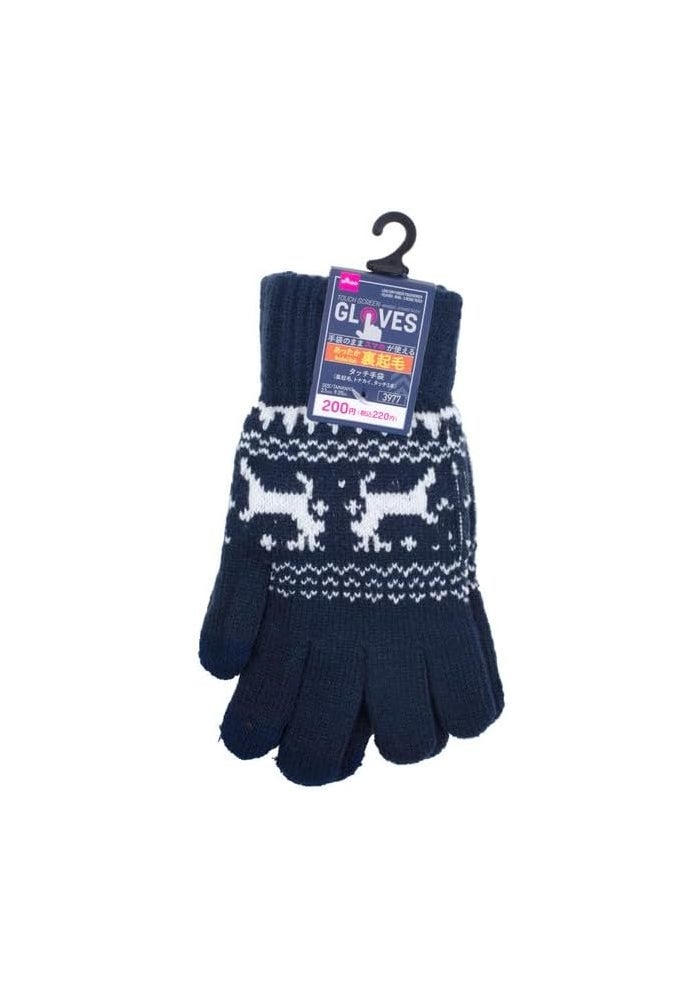 DAISO Touchscreen Gloves – Brushed Back Reindeer Design - Navy