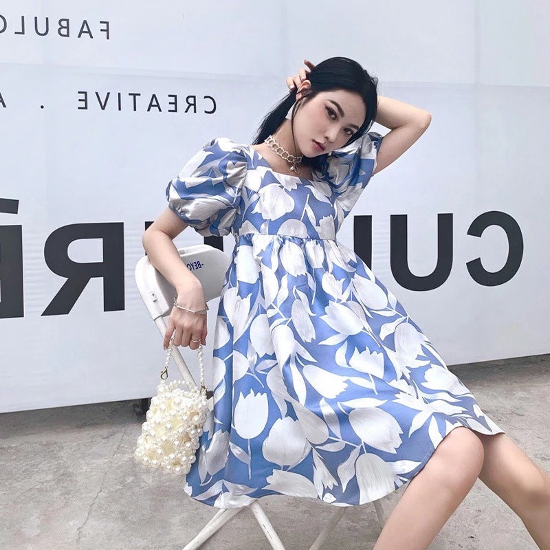 French Style Light Luxury Artistic Temperament Chic Niche High-end Square Collar Bubble Sleeve Floral dress Children Summer Blue