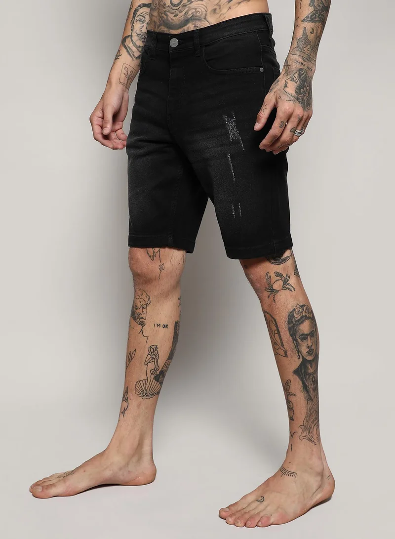 Campus Sutra Men's Black Distressed Denim Shorts For Casual Wear | Dark-Wash | Regular Fit | Button Closure | Denim Shorts Crafted With Comfort Fit For Everyday Wear
