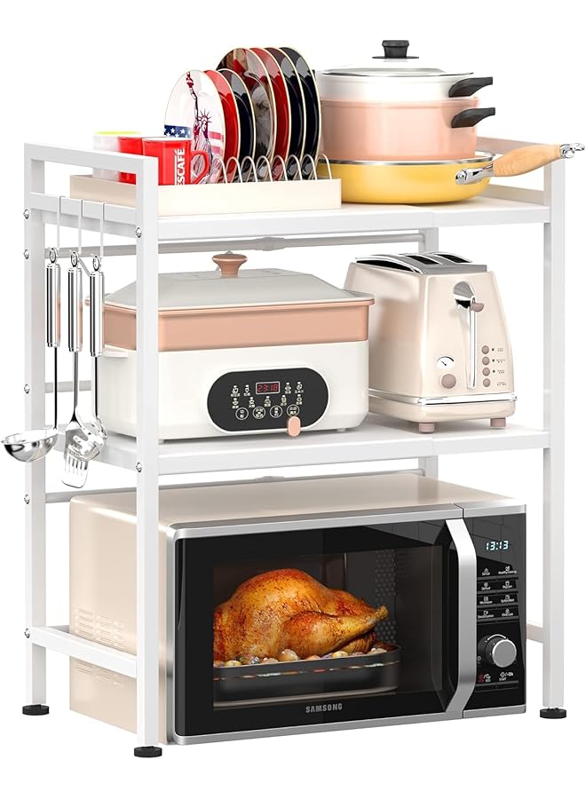 TRASSLE Extendable Microwave Oven Rack Adjustable Microwave Toaster Shelf Heavy Duty Stand Kitchen Counter Top Organizer 3 Tier With 6 Hooks White - Image 1